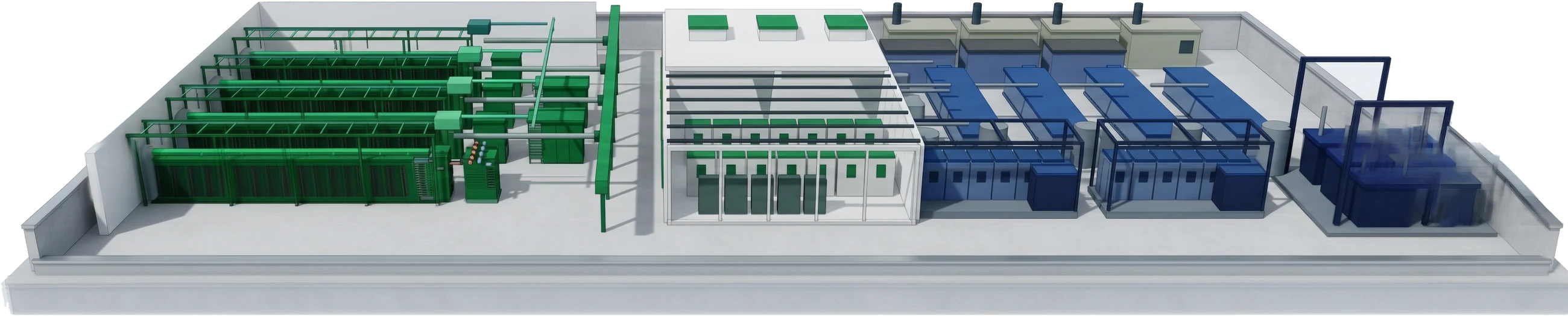 One converged AI factory site: liquid-cooled rack hall on the left, the facility's power and cooling plant on the right